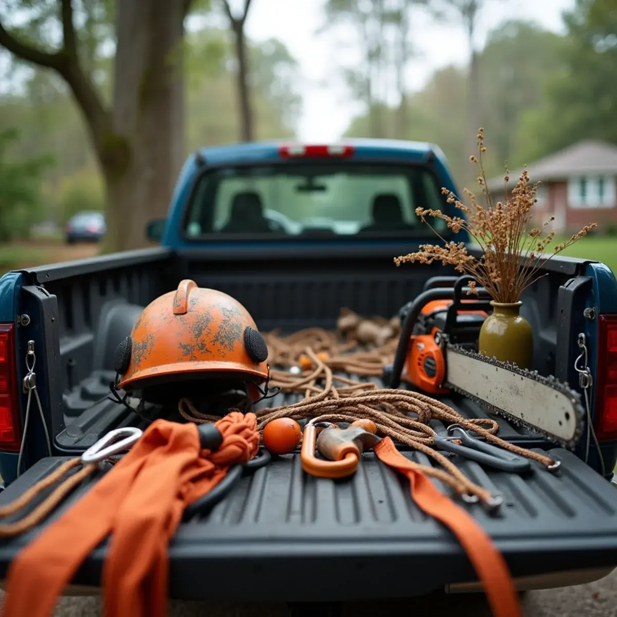 Climbing saddle, rigging rope and chainsaw safety gear laid out at a Michigan tree job