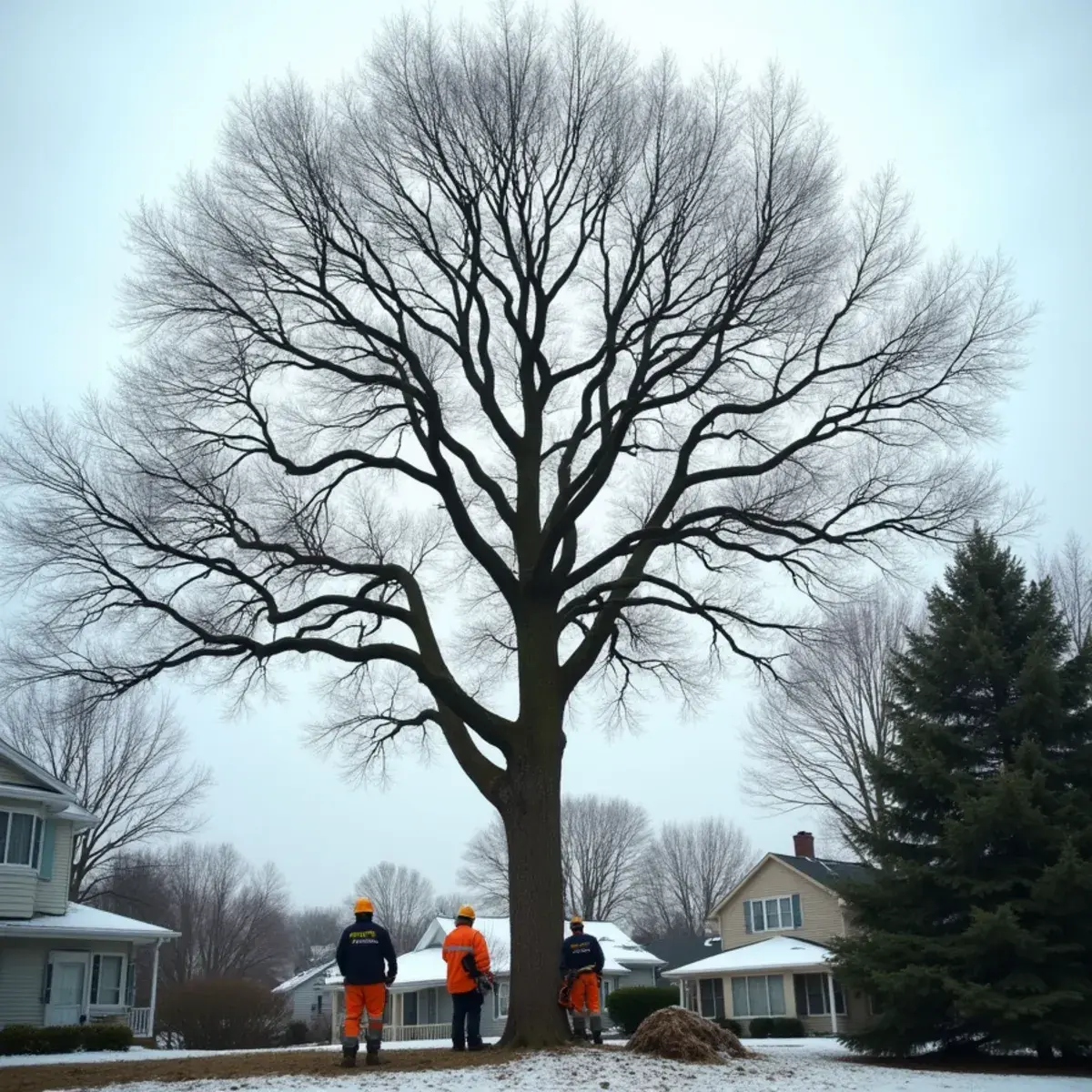 Bare deciduous tree canopy in late winter ready for structural pruning in Michigan