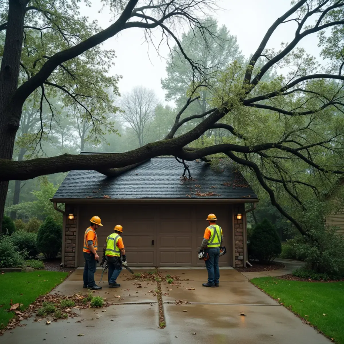 Storm-fallen tree resting against a damaged garage roof in Michigan
