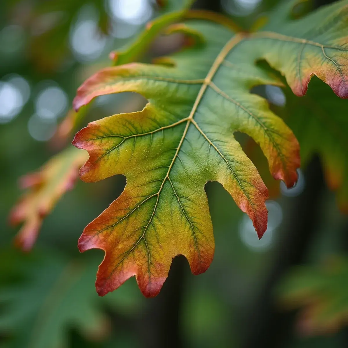 Red oak leaves showing browning from the tip inward, a symptom of oak wilt in Michigan