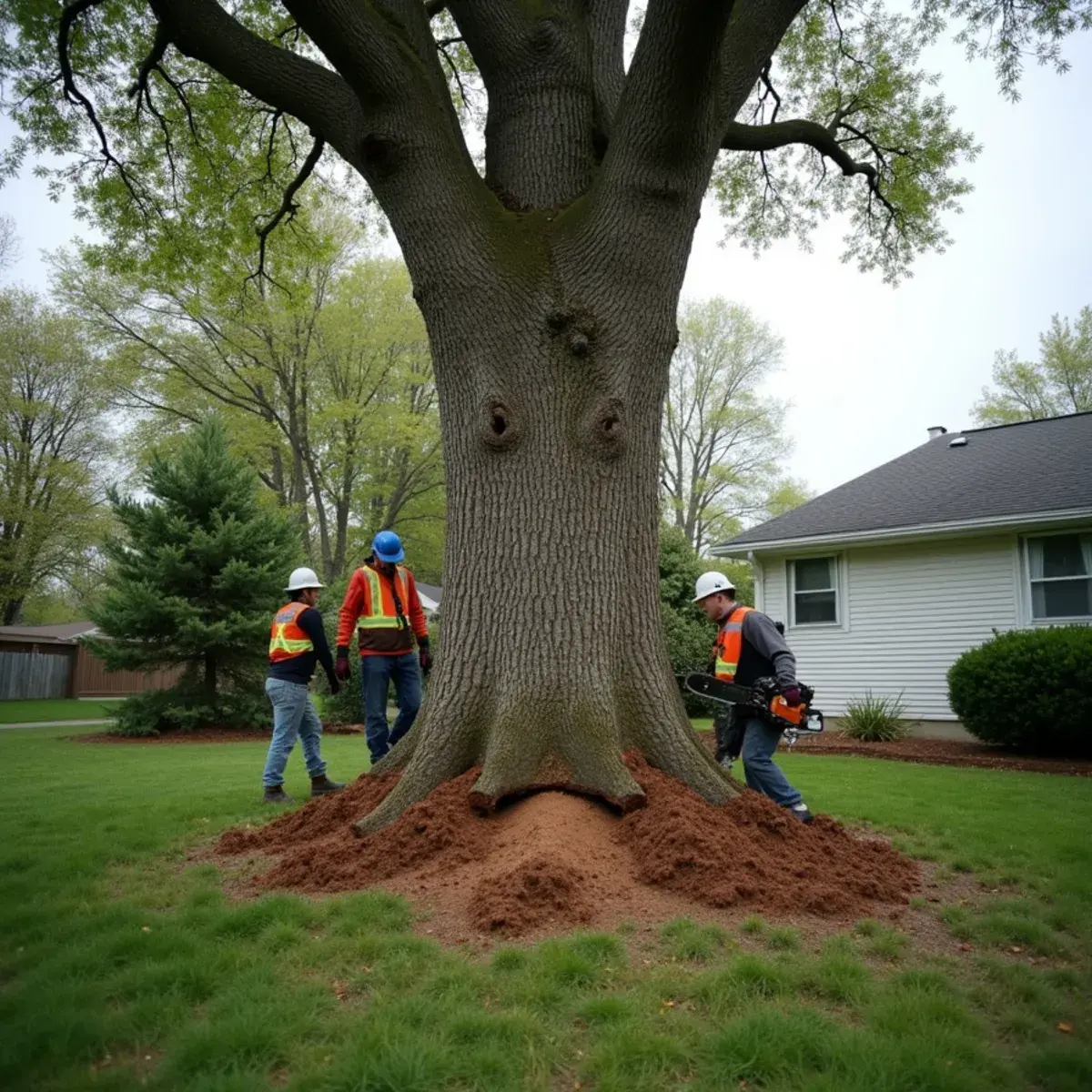Tree leaning with cracked and lifted soil at the base in a Michigan yard