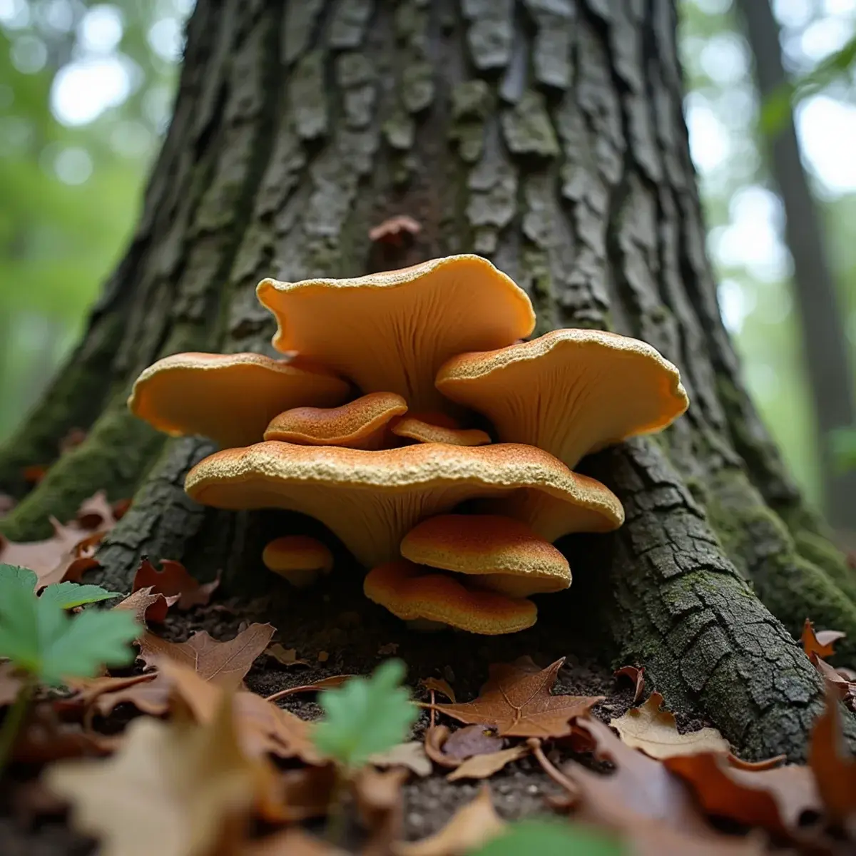 Shelf fungus growing at the base of a Michigan tree trunk