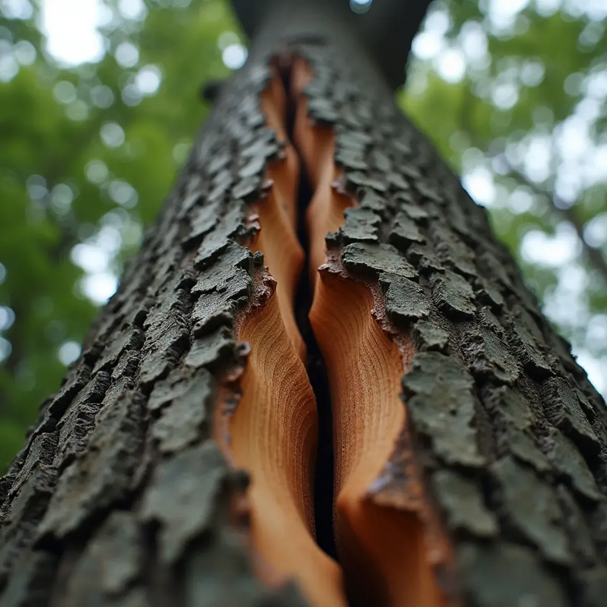 Long vertical crack running down the trunk of a Michigan tree