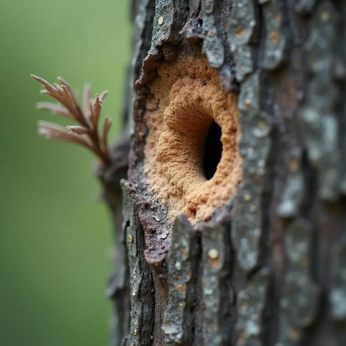 D-shaped emerald ash borer exit holes in the bark of a Michigan ash tree