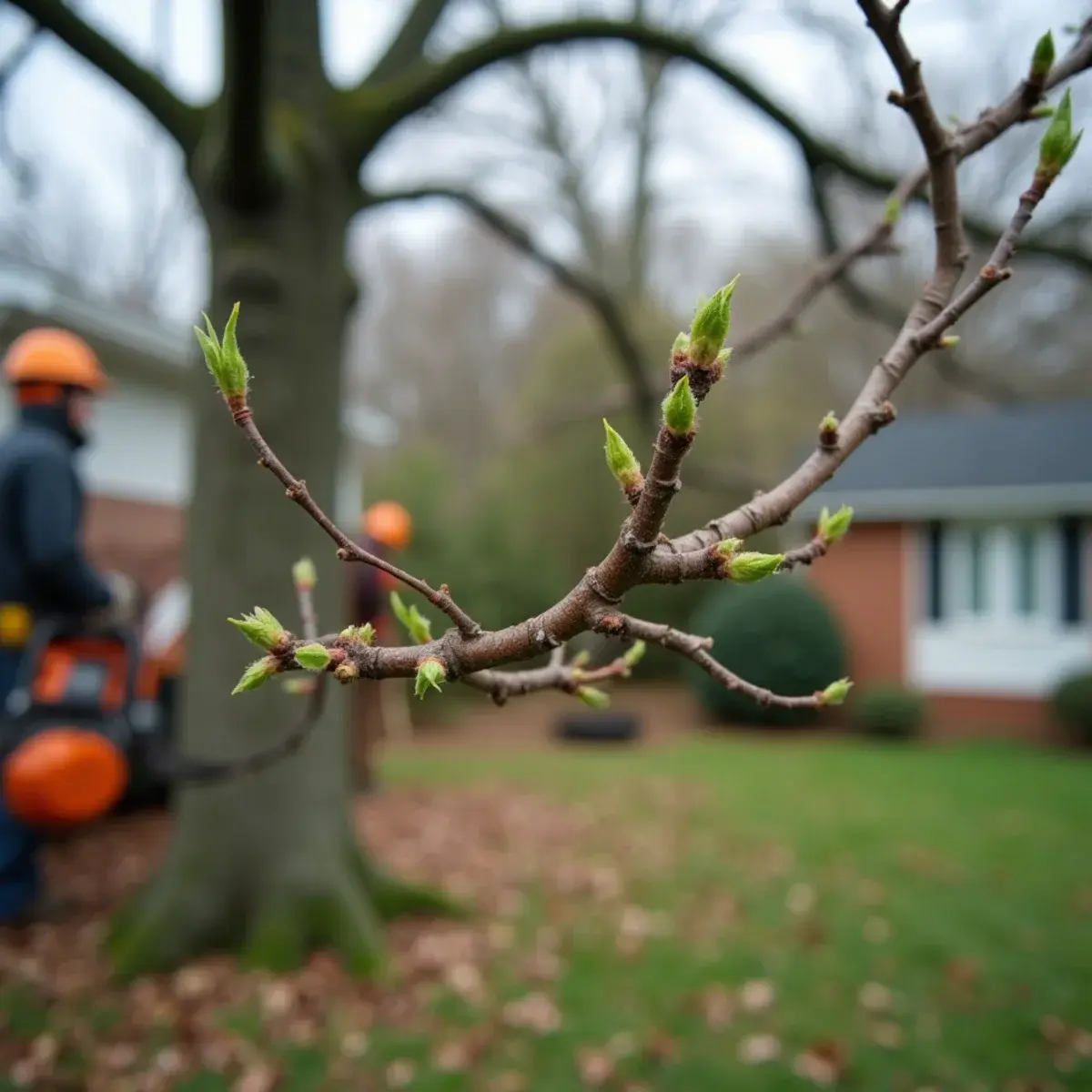 Budding tree branches over a Michigan yard in early spring