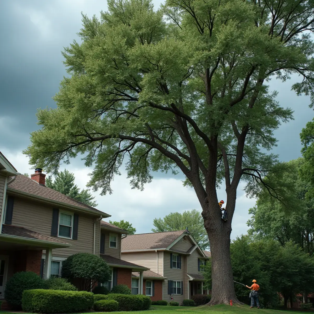 Wind-blown mature tree canopy over a Michigan neighborhood before a summer storm