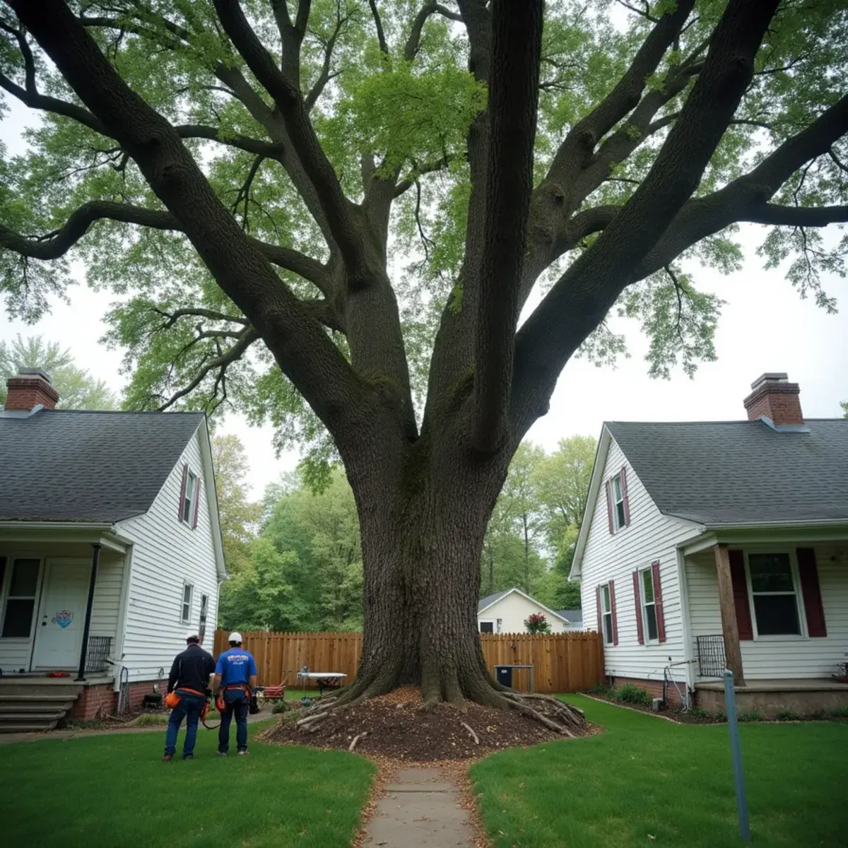 Large tree canopy overhanging a property line fence between two Michigan homes