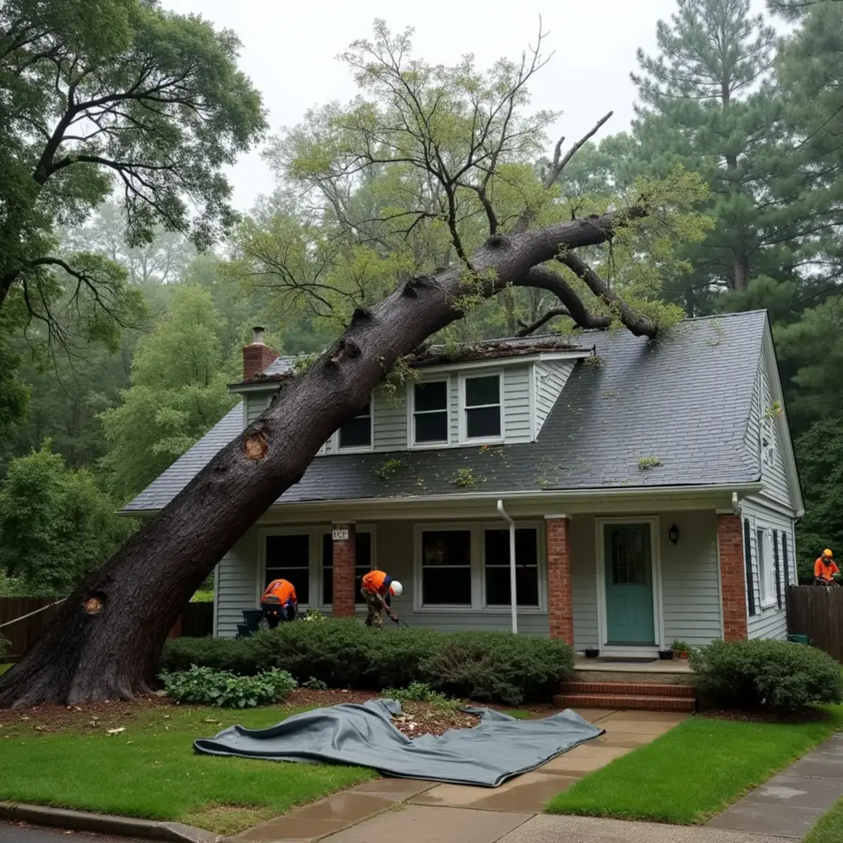 Large tree resting on the roof of a Michigan home after a storm