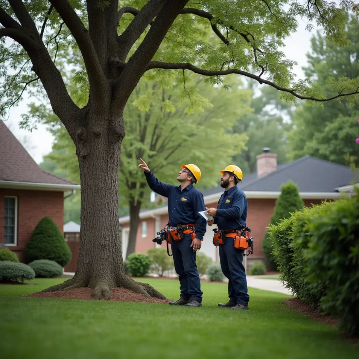 Tree service estimator walking a Michigan homeowner through a quote in the back yard