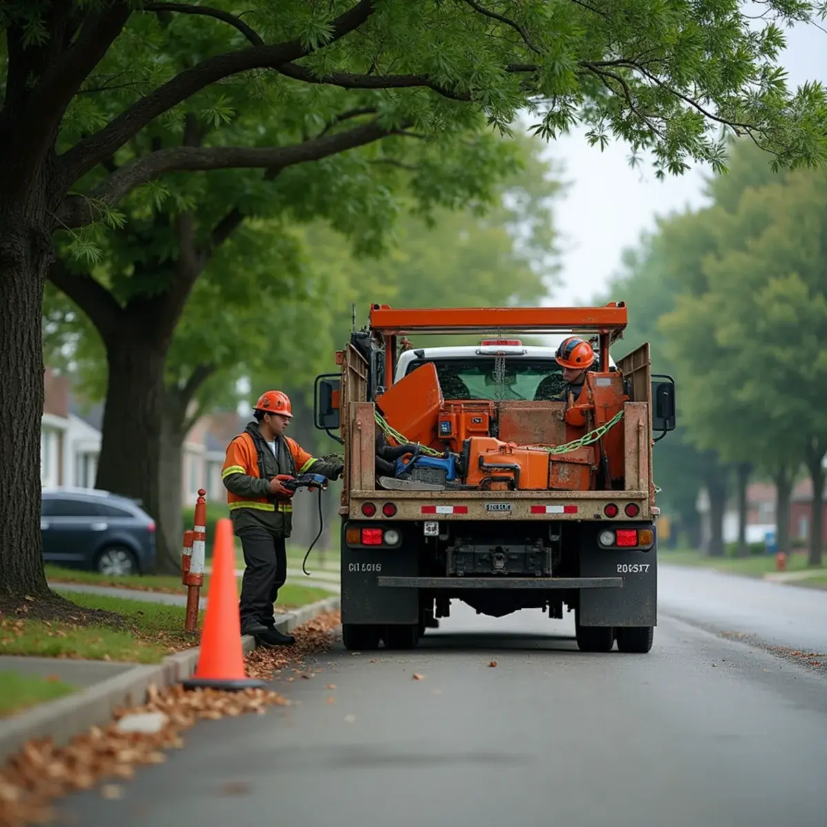 One of a Kind Tree Services truck and chipper parked at a Michigan job site