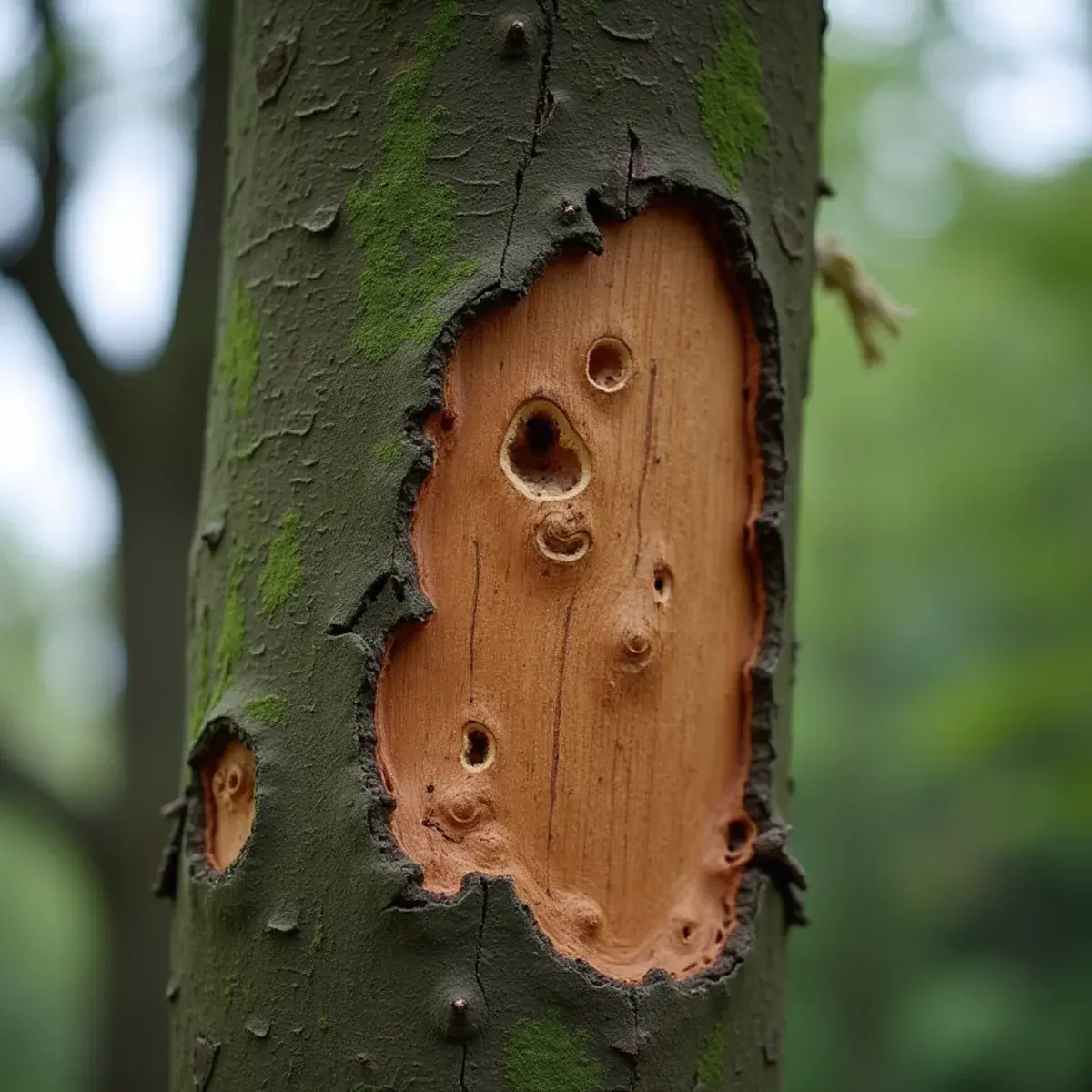 Close-up of D-shaped emerald ash borer exit holes in the bark of a dying Michigan ash tree