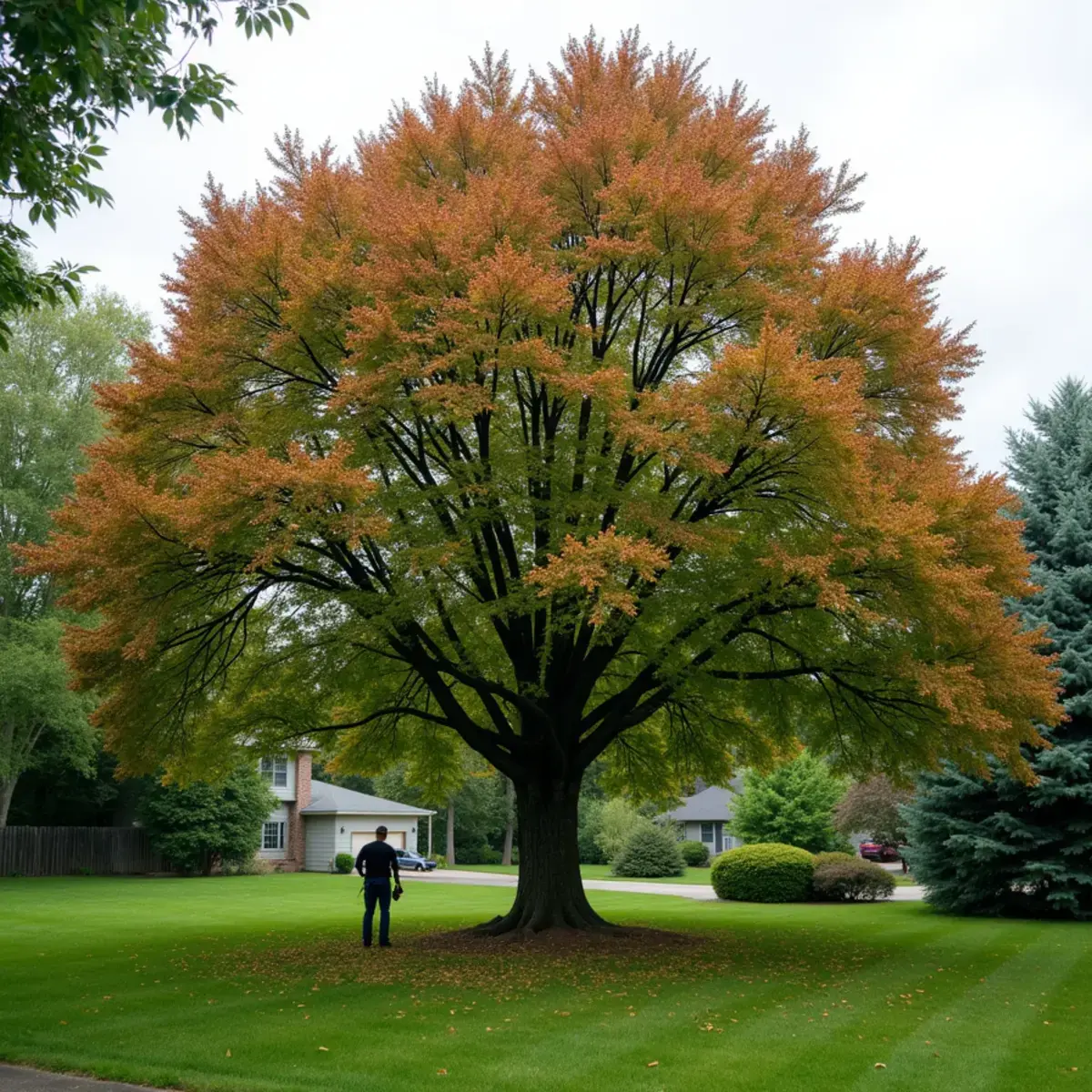 Red oak showing sudden canopy dieback from oak wilt in a Michigan yard