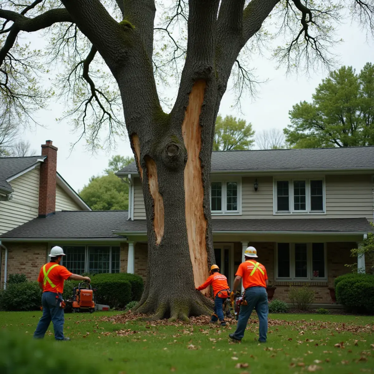 Storm-split trunk of a large maple hanging over a Michigan house after high wind