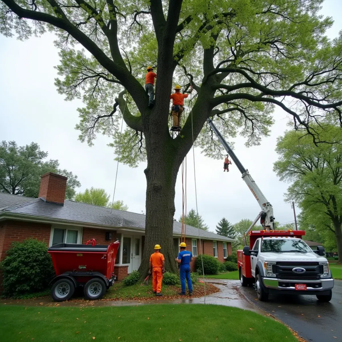 One of a Kind Tree Services crew removing a large tree from a Michigan home's back yard