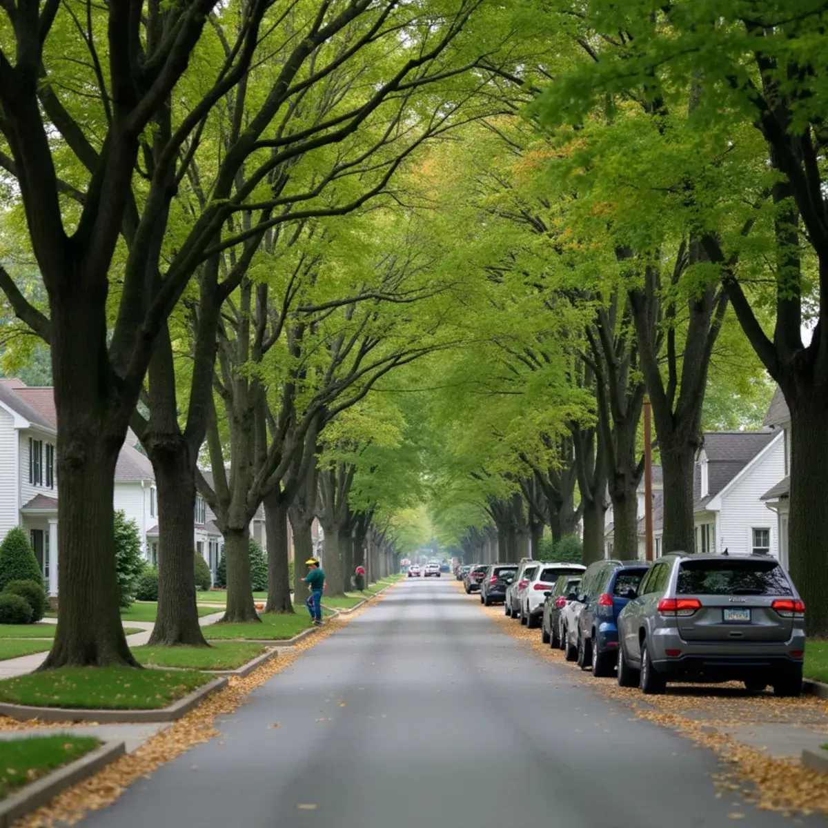 Mature silver maple shading a residential street in Belleville, Michigan