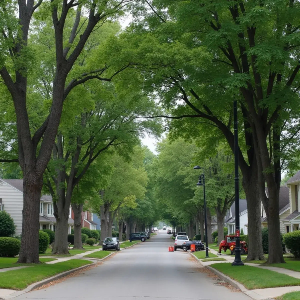 Tree-lined residential intersection with mature silver maple and oak in Brownstown Township, Michigan