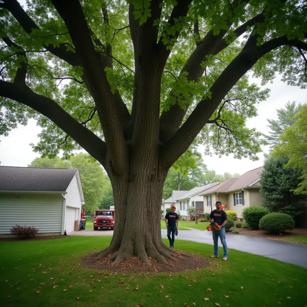Large mature sugar maple shading a back yard behind a home in Farmington Hills, Michigan