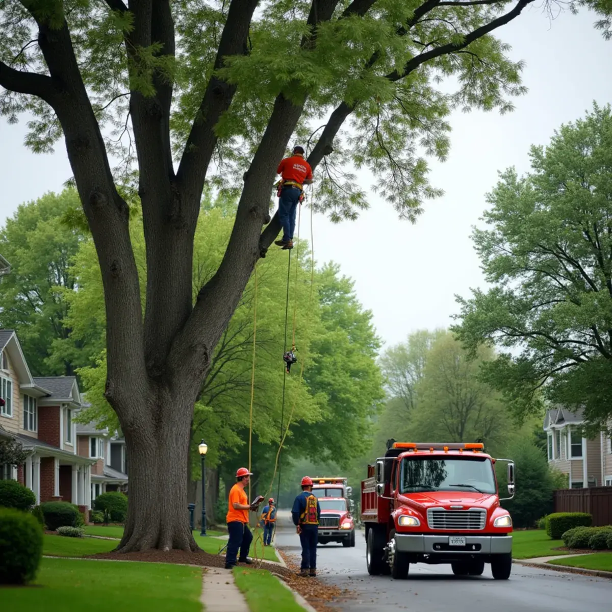 Tree crew working on a large wooded residential lot in Farmington Hills, Michigan
