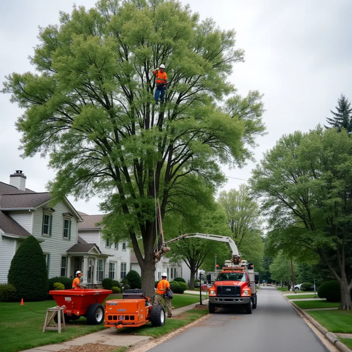 Tree crew removing a large silver maple near the Huron River in Flat Rock, Michigan