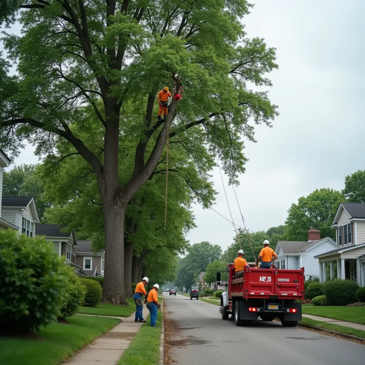 Tree crew working on a deep back yard lot in Garden City, Michigan