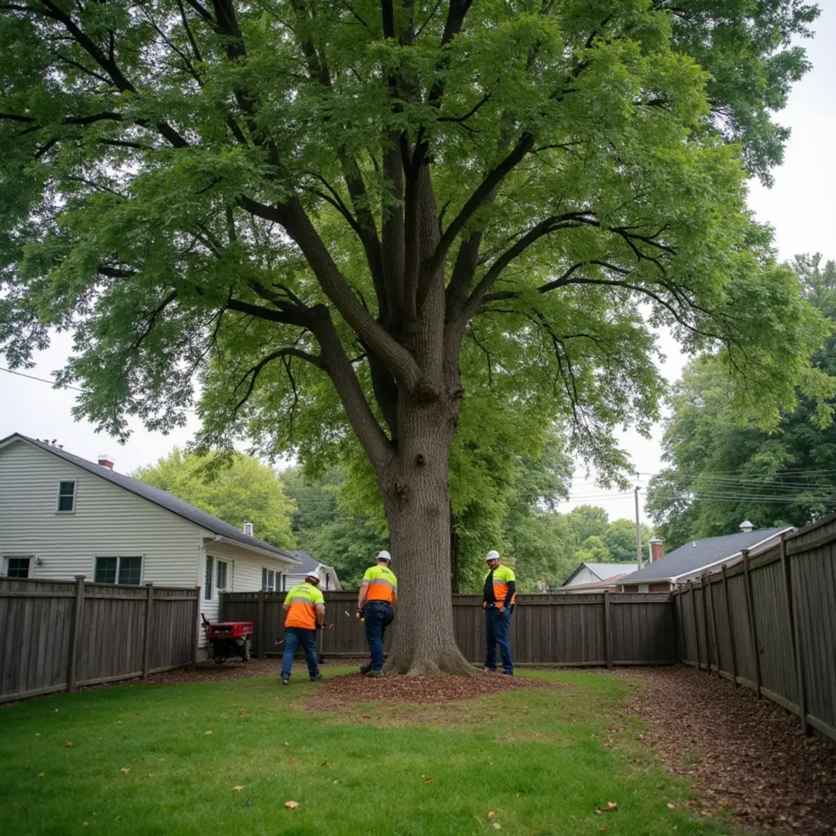 Large mature silver maple shading a back yard behind a home in Gibraltar, Michigan