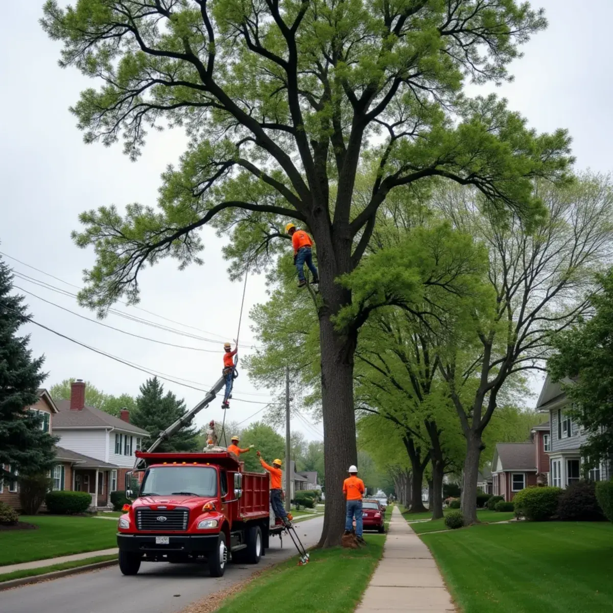 Tree removal on a canal-front property in Gibraltar, Michigan