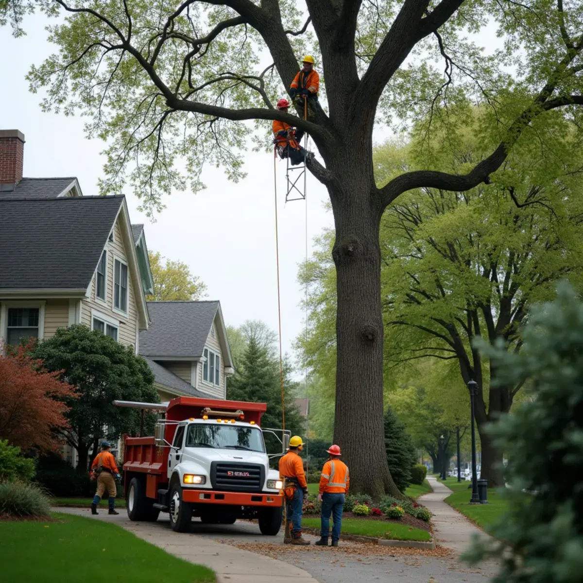Arborist pruning a mature elm on a Grosse Pointe, Michigan estate property