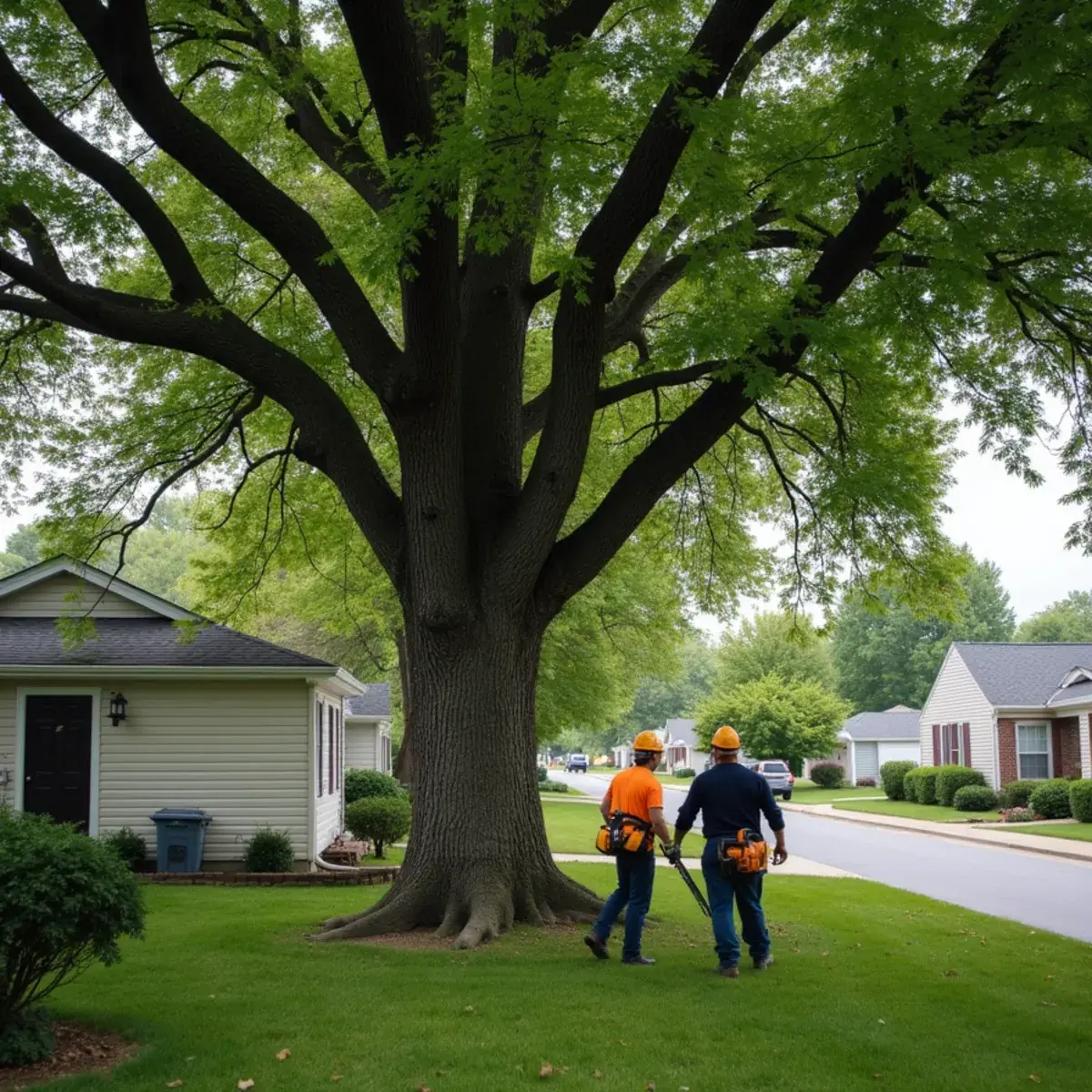 Large mature silver maple shading a back yard behind a home in Plymouth, Michigan