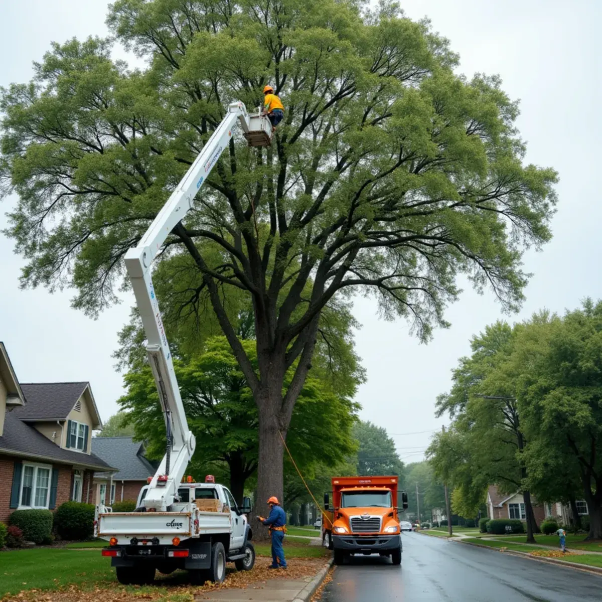 Arborist pruning a mature street tree in downtown Plymouth, Michigan