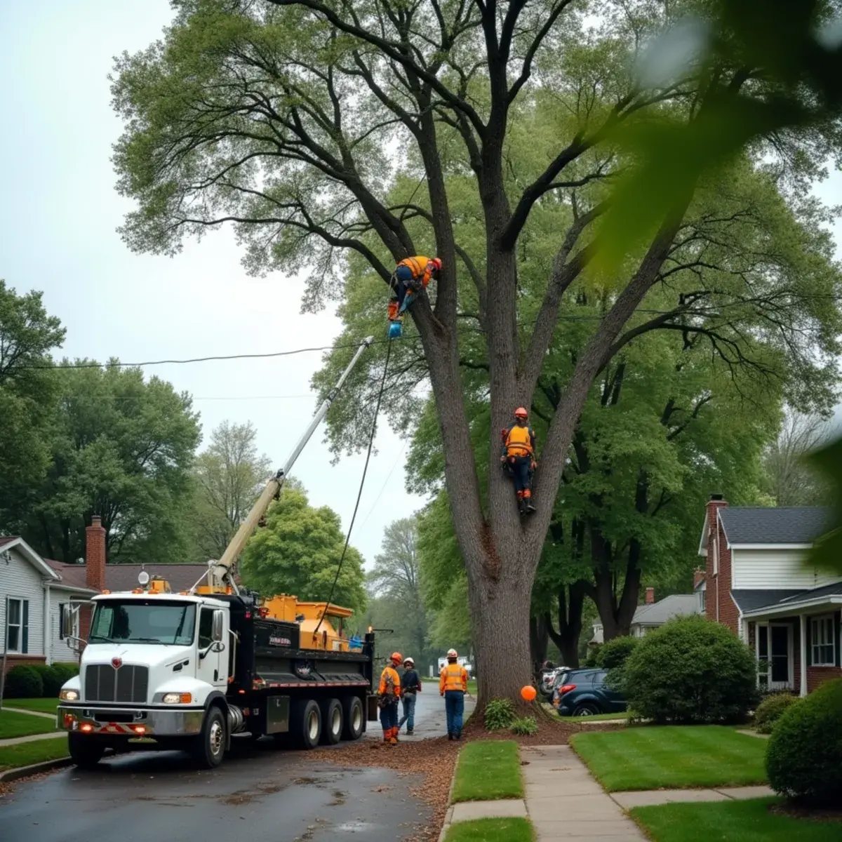 Tree removal crew working on a Redford Township, Michigan residential street