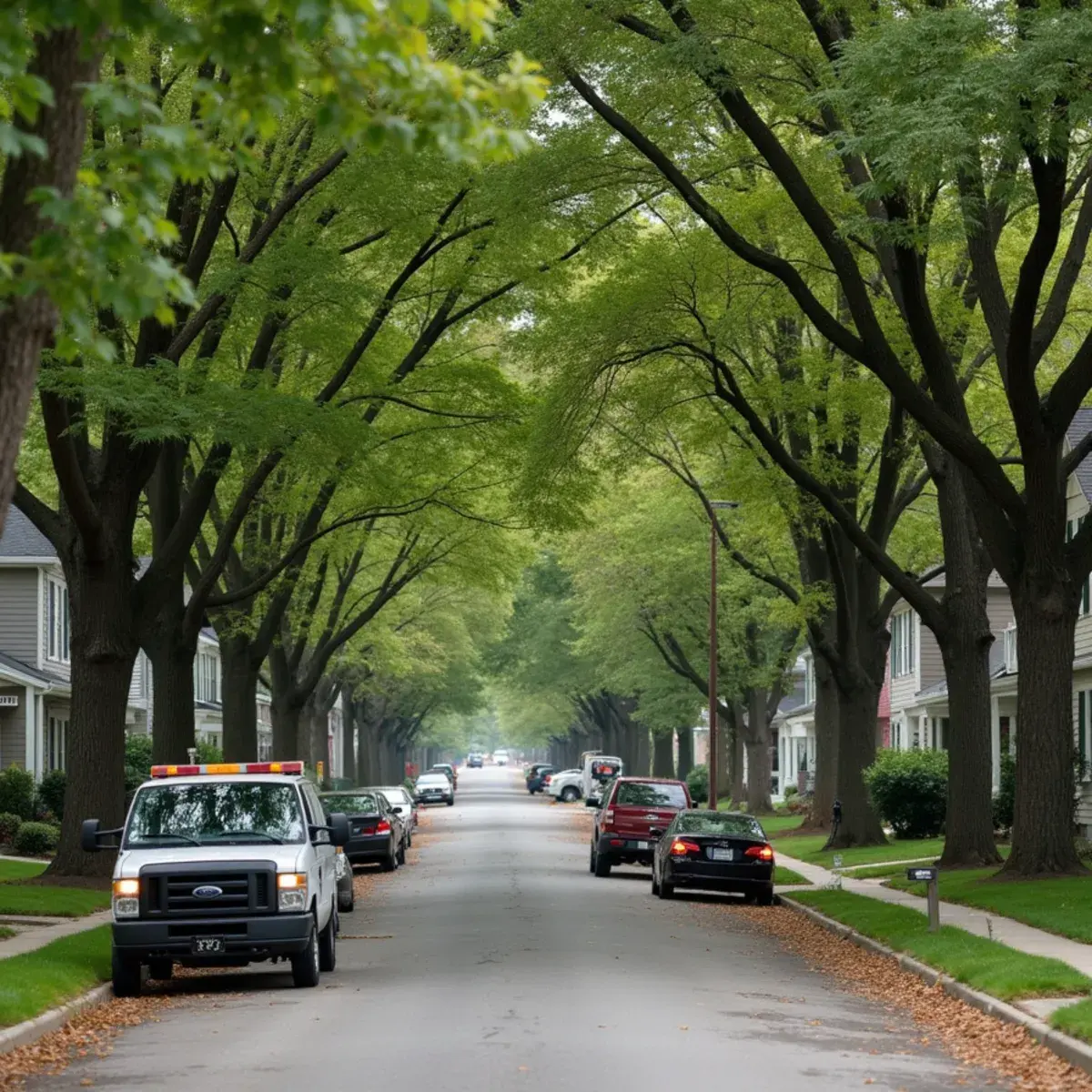 Mature silver maple shading a residential street in River Rouge, Michigan