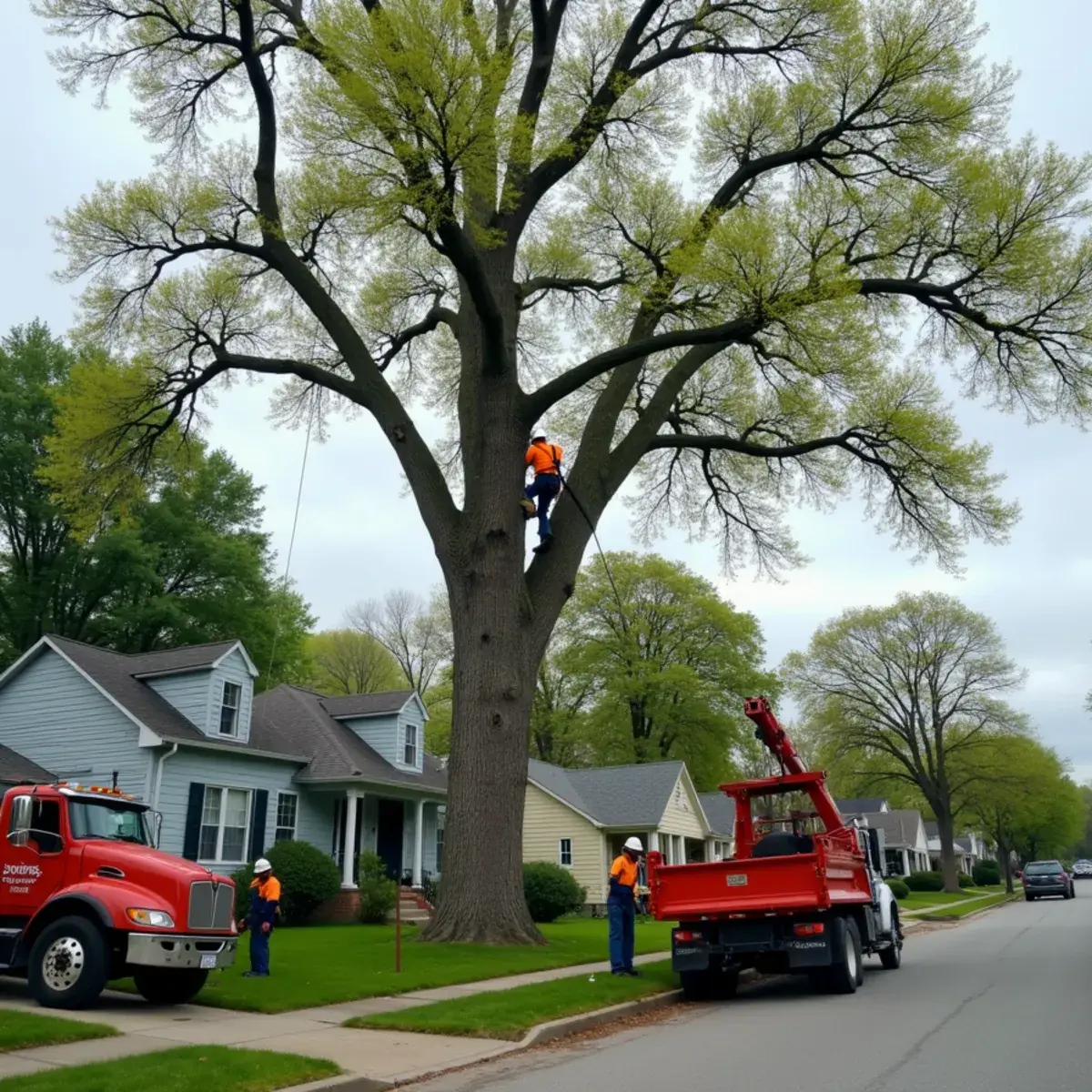 Crew removing a hazardous tree from a River Rouge, Michigan residential property