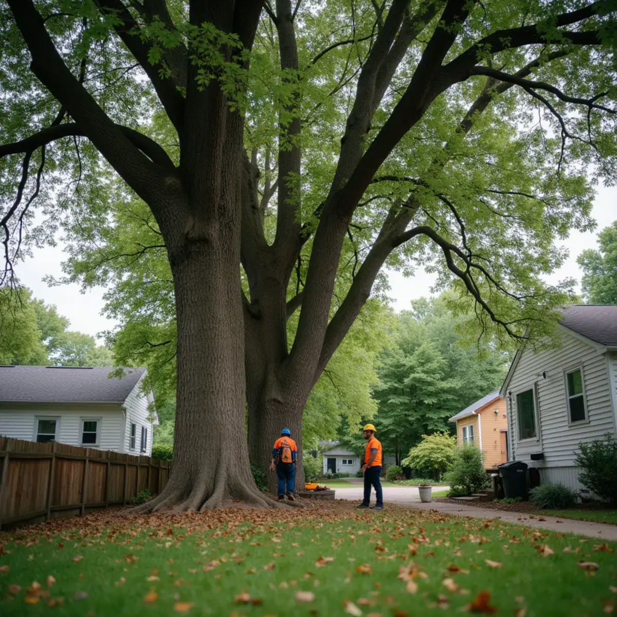 Large mature silver maple shading a back yard behind a home in Riverview, Michigan