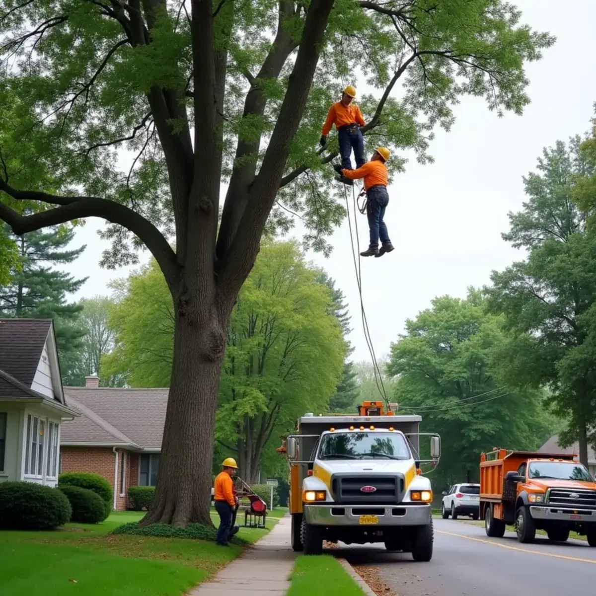 Tree service truck and chipper working on a residential street in Riverview, Michigan