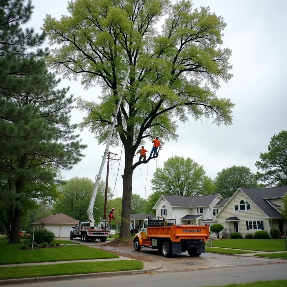 Tree service crew working on a large lot in Rockwood, Michigan