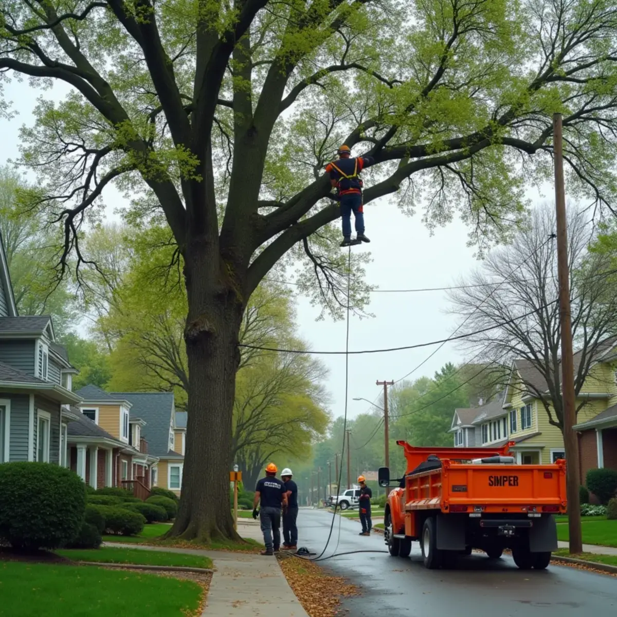 Tree service crew removing a large maple in Roseville, Michigan