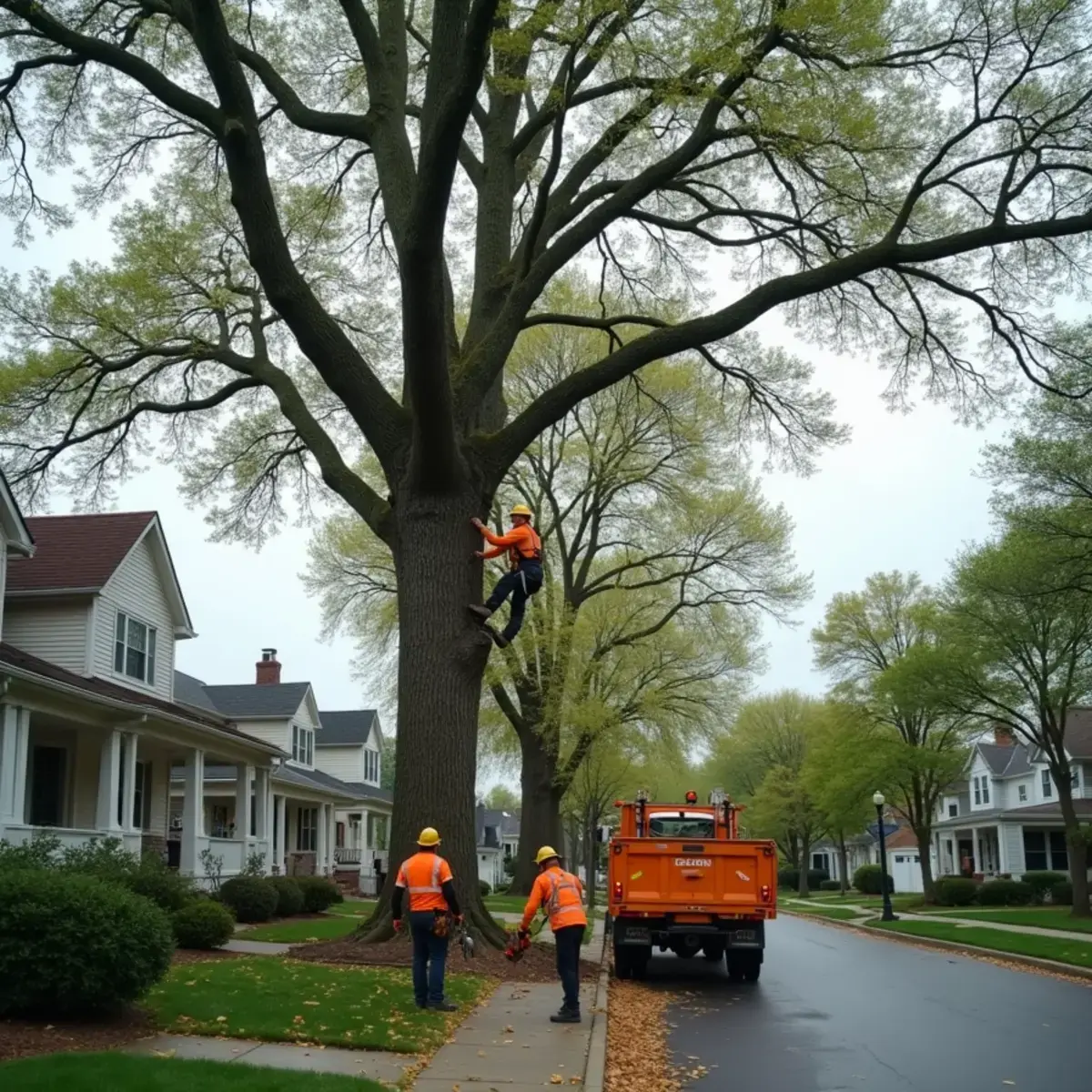 Climber working in a mature street tree on a narrow Royal Oak, Michigan lot