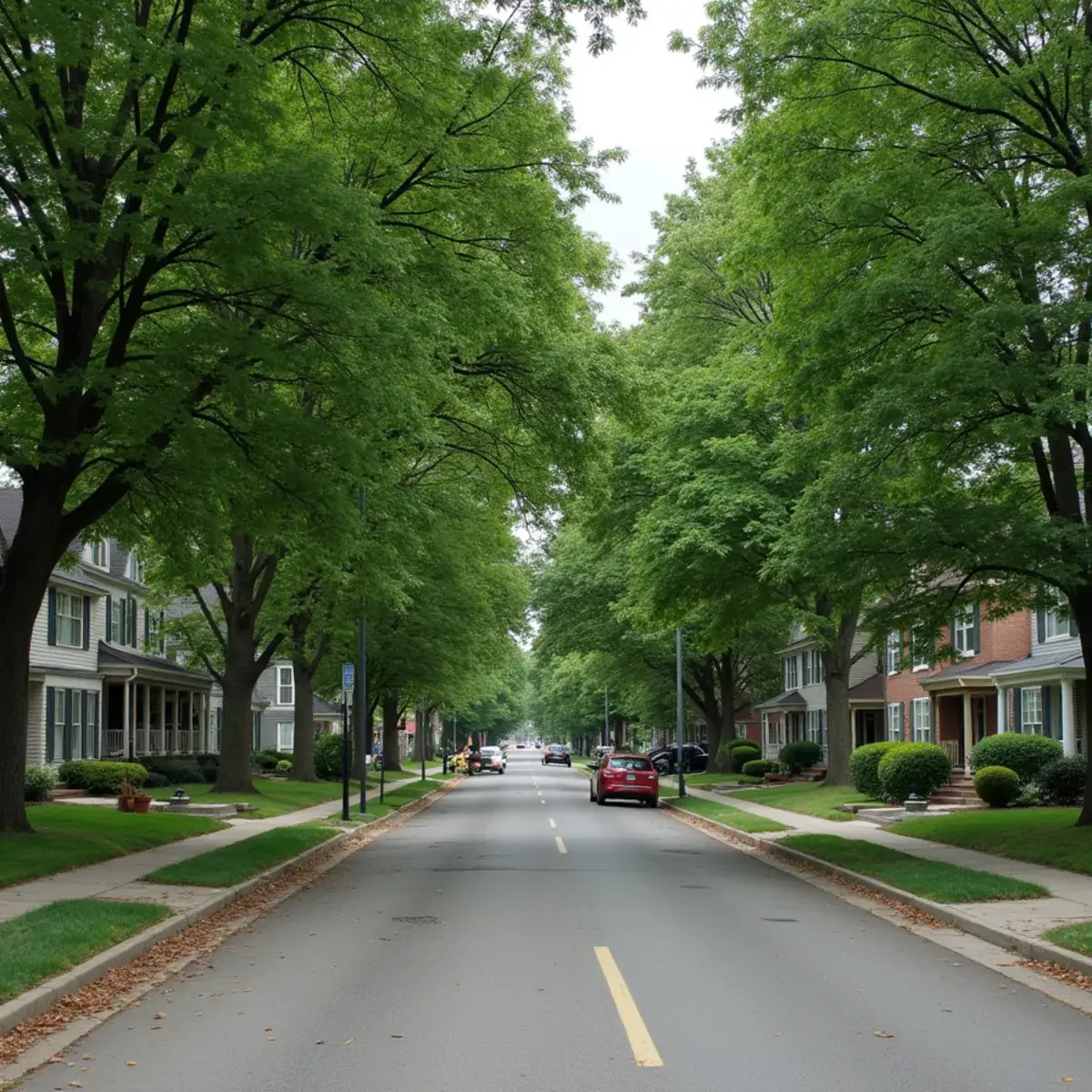 Tree-lined residential intersection with mature silver maple and sugar maple in Southfield, Michigan