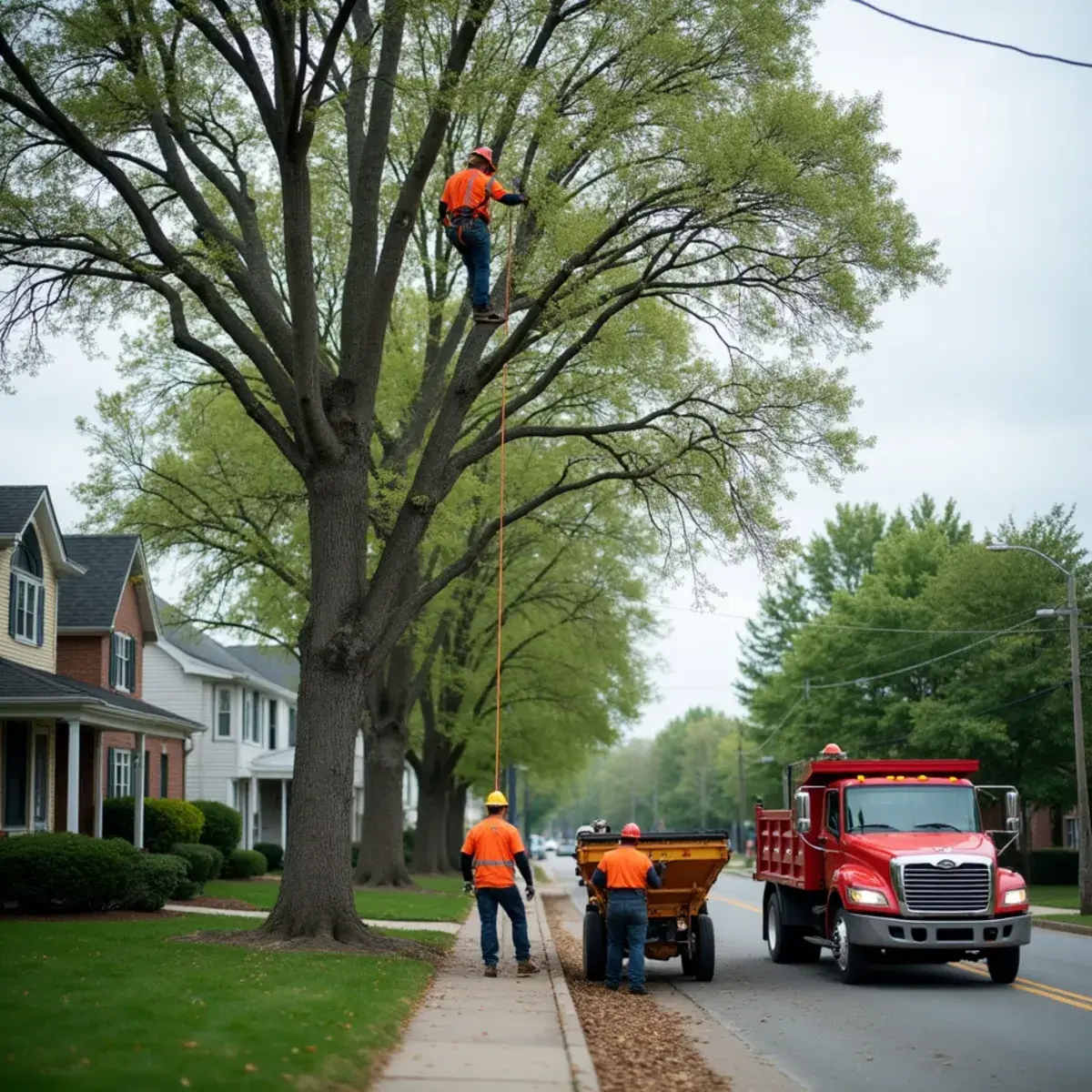 Commercial tree crew trimming parking lot trees at a Southfield, Michigan office property