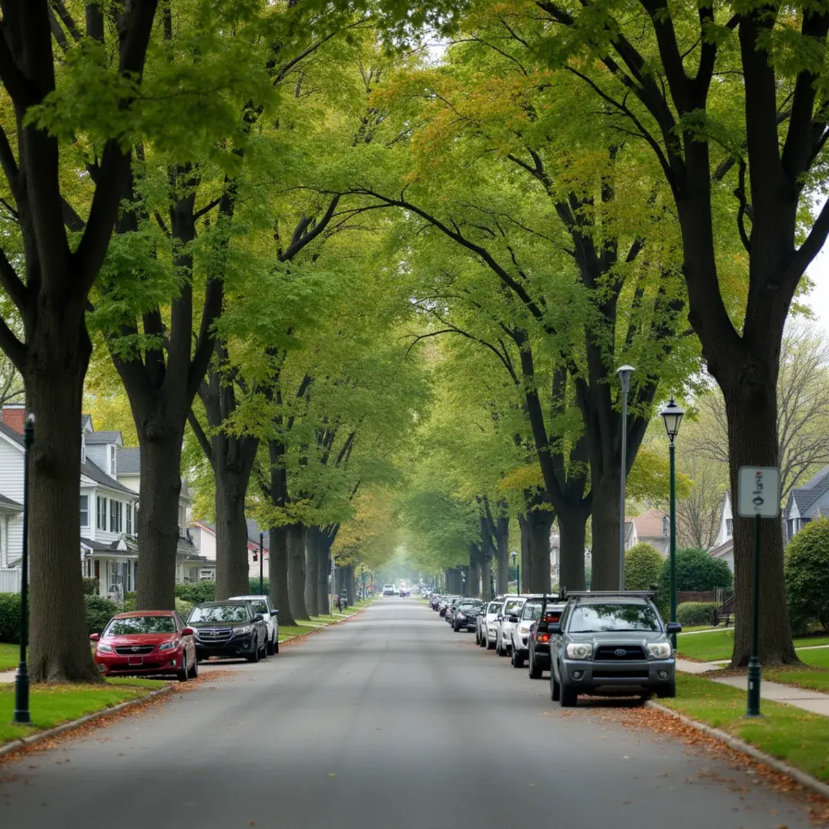 Mature silver maple shading a residential street in Southgate, Michigan