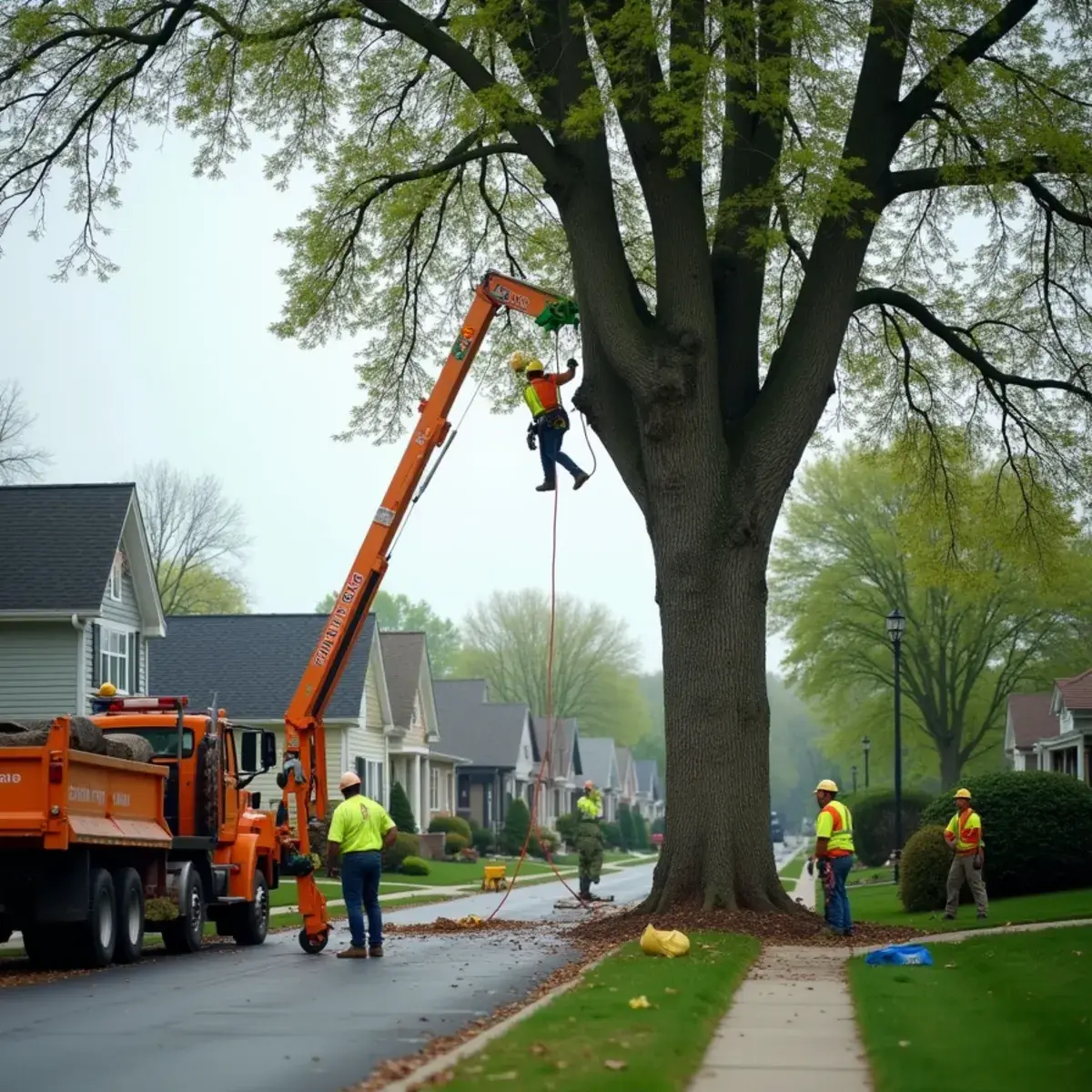 Tree service crew removing a large maple from a Southgate, Michigan back yard