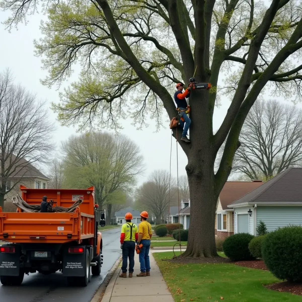 Tree crew clearing a large storm-damaged tree from a Taylor, Michigan property