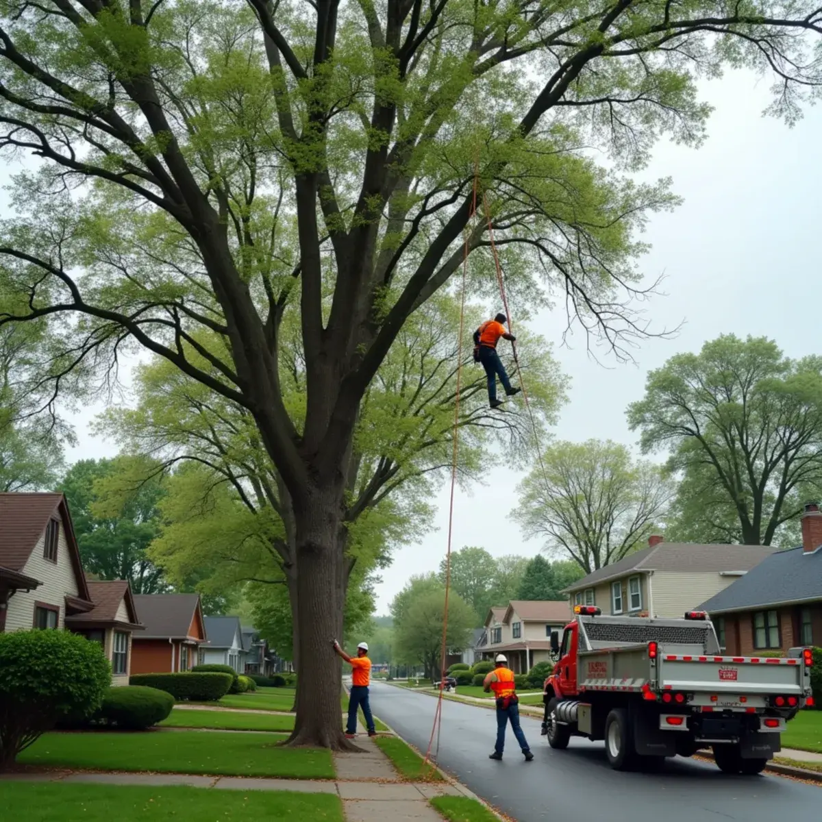 Tree service crew removing a dead ash tree in Wayne, Michigan