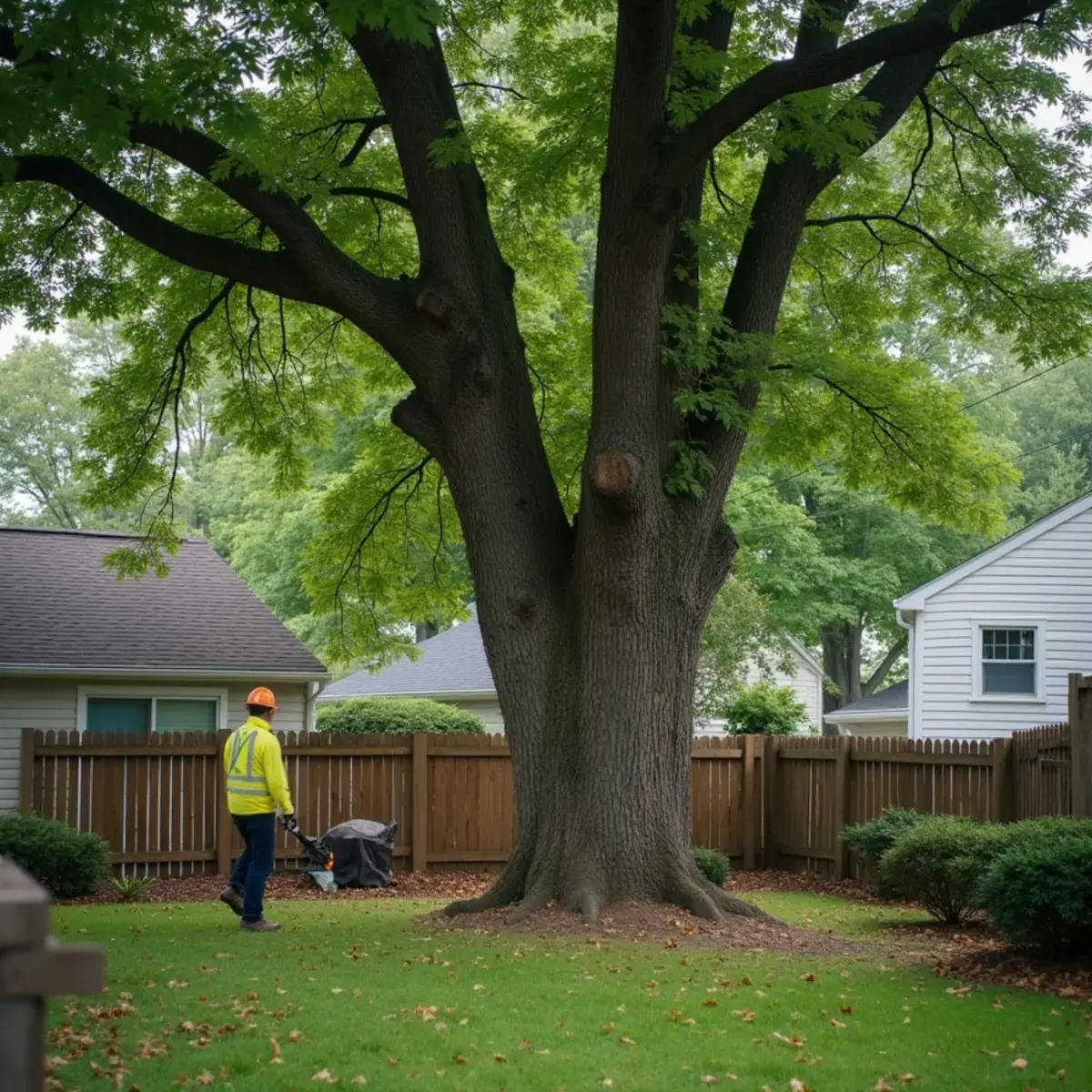 Large mature silver maple shading a back yard behind a home in Westland, Michigan