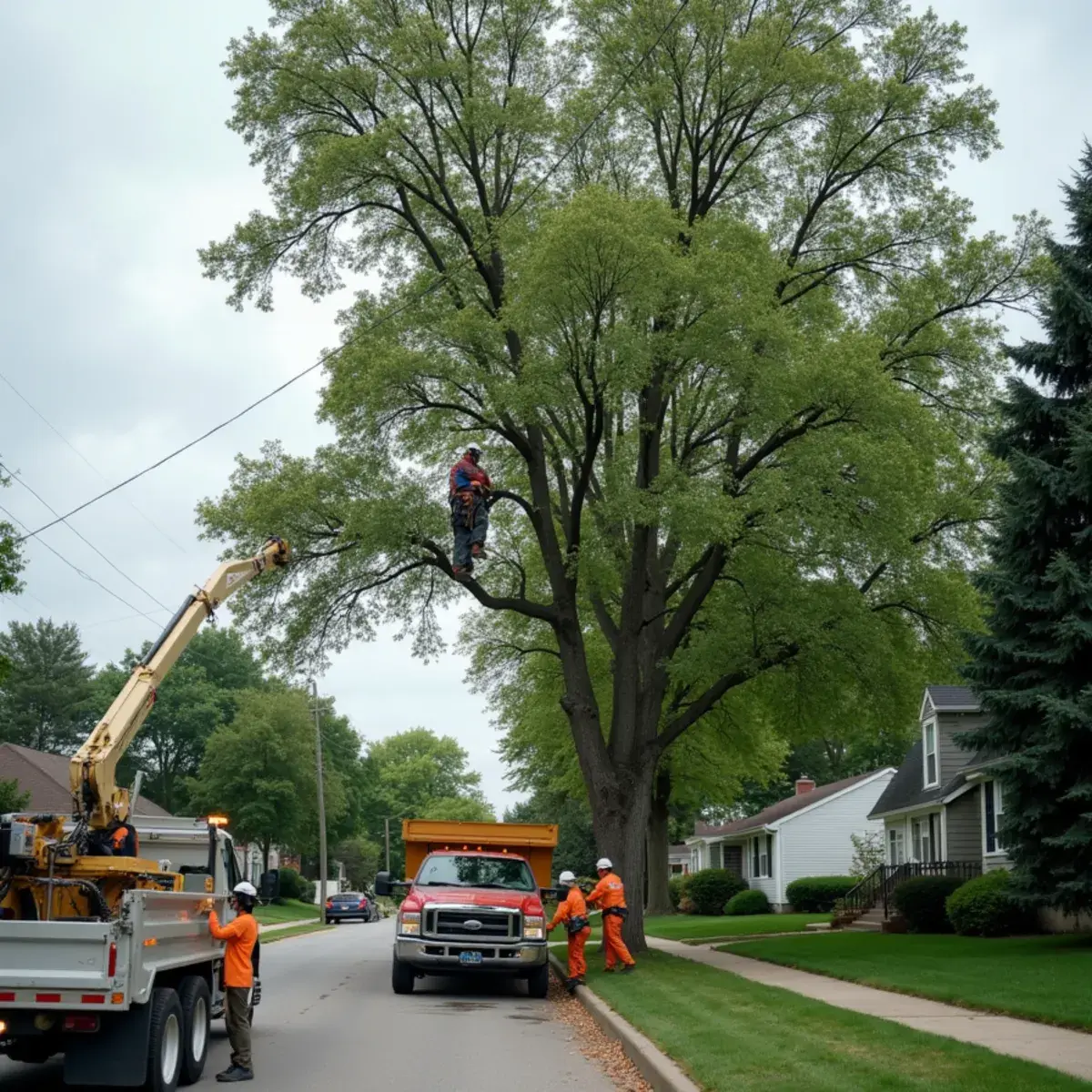 Crew grinding a large stump in a Westland, Michigan back yard