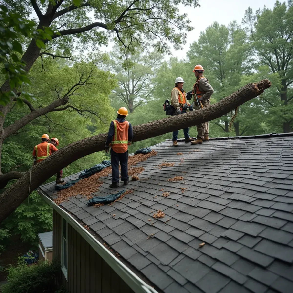 Emergency crew stabilising a tree that has fallen onto a Michigan house roof