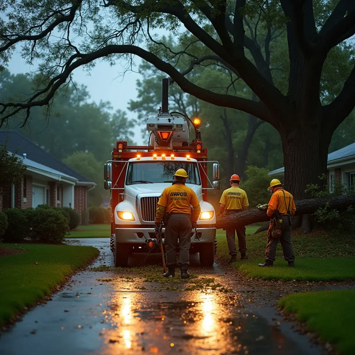 Emergency tree crew removing a storm-fallen tree from the roof of a Michigan house at dusk