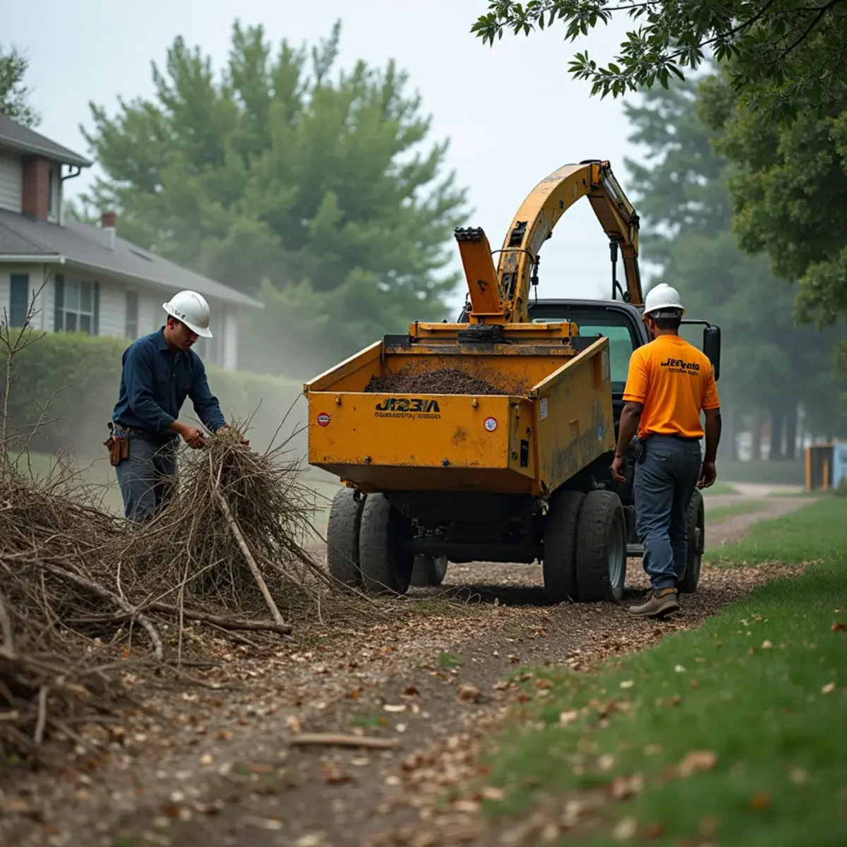 Crew feeding cut brush into a chipper during a Michigan lot clearing job