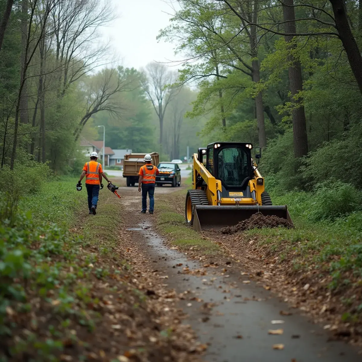 Crew clearing brush and scrub trees from an overgrown residential lot in Michigan