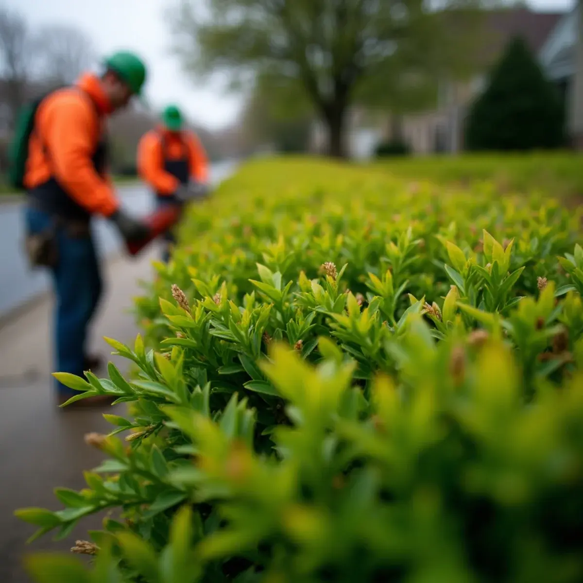 Close-up of a crisp cut line along a freshly trimmed Michigan hedge